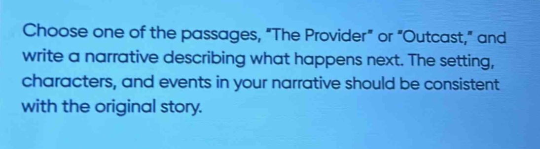 choose one of the passages, \the provider\ or \outcast,\ and write a narrative describing what happens next. the setting, characters, and events in your narrative should be consistent with the original story.