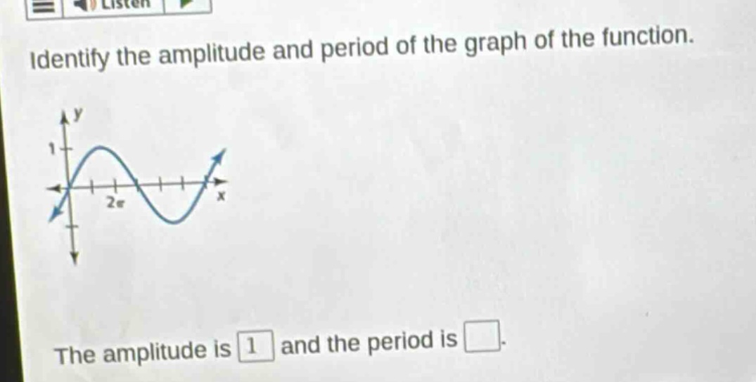 identify the amplitude and period of the graph of the function. the amplitude is 1 and the period is