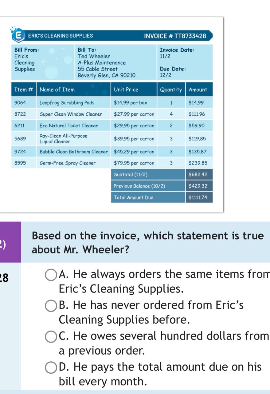 based on the invoice, which statement is true about mr. wheeler?\na. he always orders the same items from eric’s cleaning supplies.\nb. he has never ordered from eric’s cleaning supplies before.\nc. he owes several hundred dollars from a previous order.\nd. he pays the total amount due on his bill every month.
