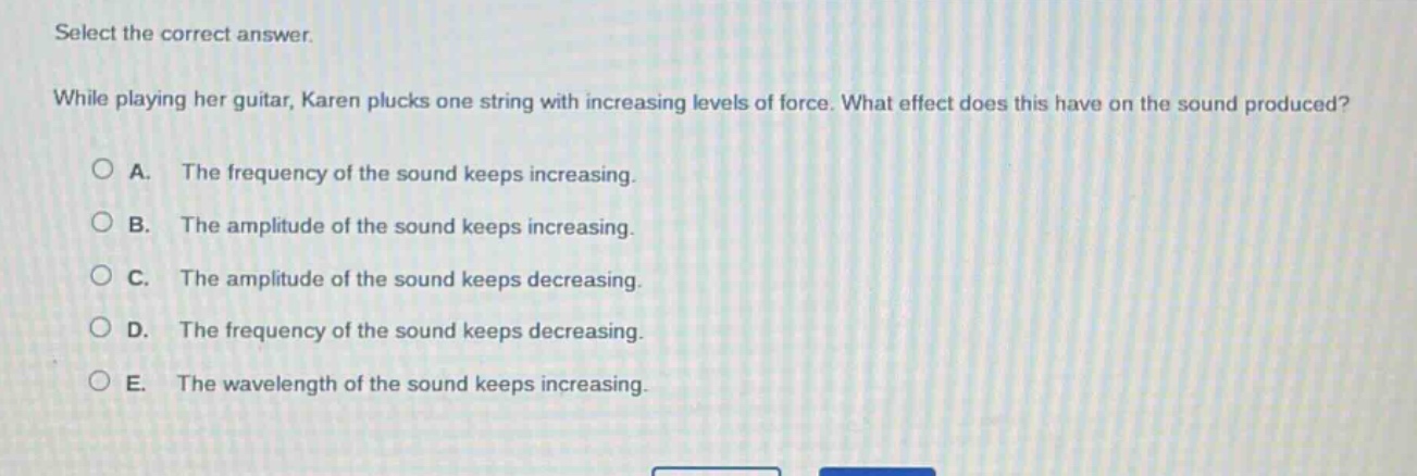 select the correct answer.\nwhile playing her guitar, karen plucks one string with increasing levels of force. what effect does this have on the sound produced?\na. the frequency of the sound keeps increasing.\nb. the amplitude of the sound keeps increasing.\nc. the amplitude of the sound keeps decreasing.\nd. the frequency of the sound keeps decreasing.\ne. the wavelength of the sound keeps increasing.