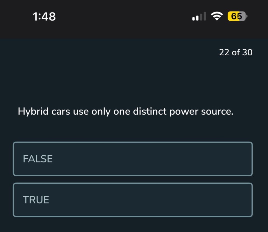 hybrid cars use only one distinct power source. false true