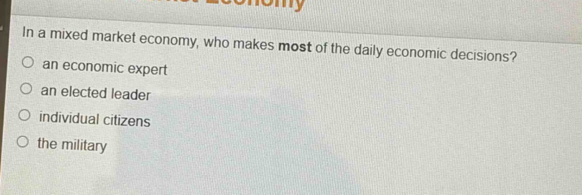 in a mixed market economy, who makes most of the daily economic decisions?\n○ an economic expert\n○ an elected leader\n○ individual citizens\n○ the military