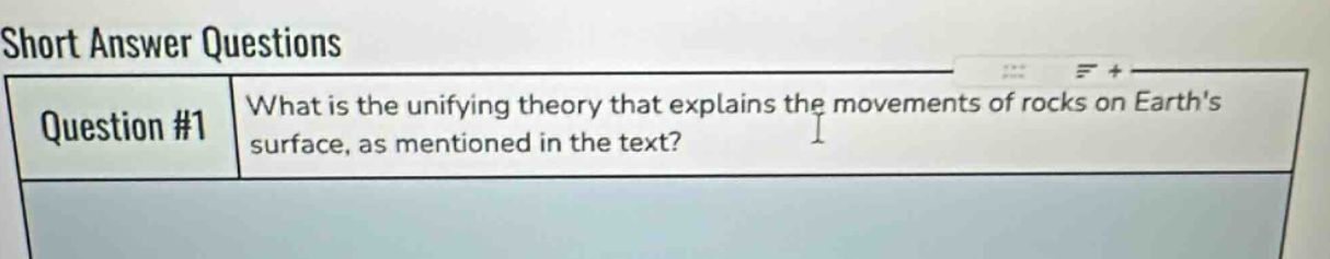 short answer questions\nquestion #1 what is the unifying theory that explains the movements of rocks on earths surface, as mentioned in the text?