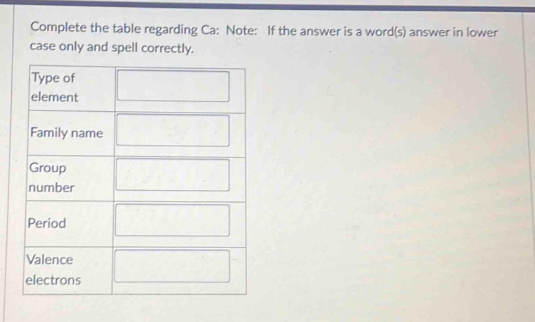 complete the table regarding ca: note: if the answer is a word(s) answer in lower case only and spell correctly.\ntype of element\nfamily name\ngroup number\nperiod\nvalence electrons
