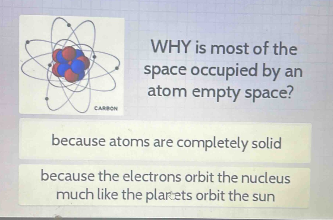 why is most of the space occupied by an atom empty space? because atoms are completely solid because the electrons orbit the nucleus much like the planets orbit the sun