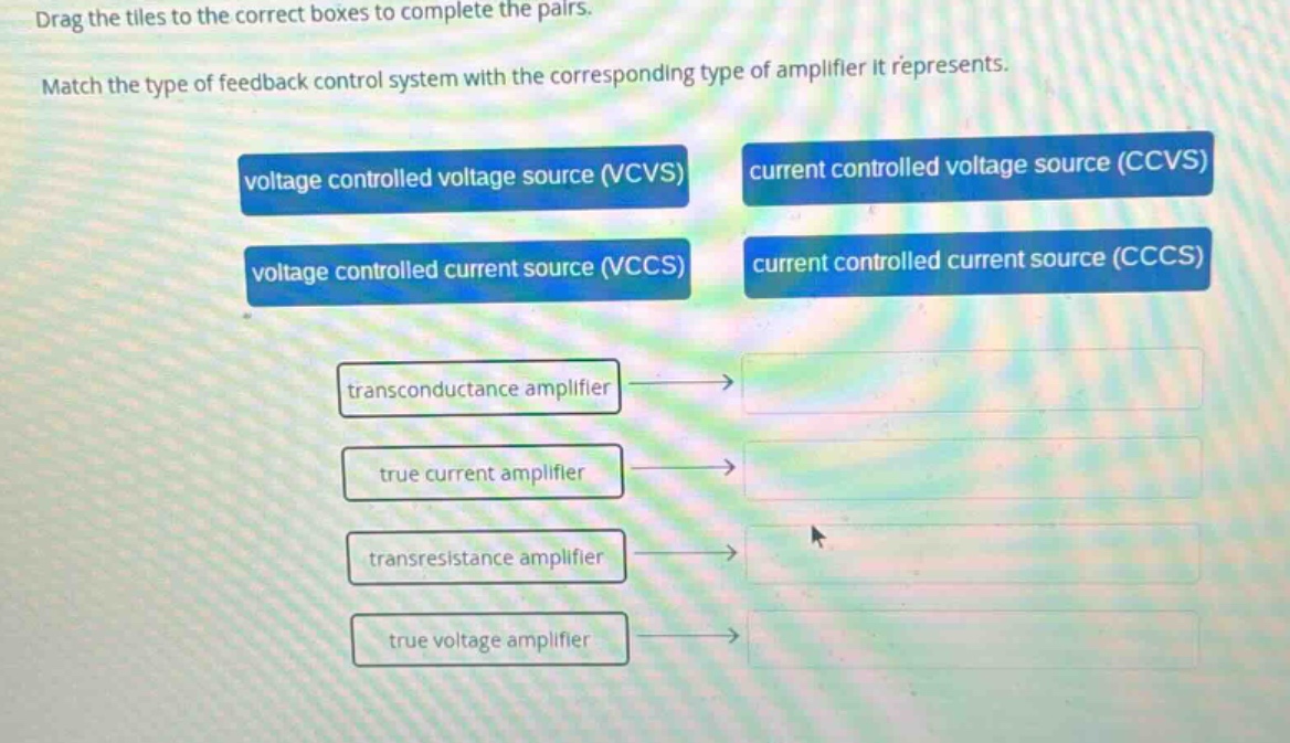 drag the tiles to the correct boxes to complete the pairs. match the type of feedback control system with the corresponding type of amplifier it represents. voltage controlled voltage source (vcvs) current controlled voltage source (ccvs) voltage controlled current source (vccs) current controlled current source (cccs) transconductance amplifier true current amplifier transresistance amplifier true voltage amplifier