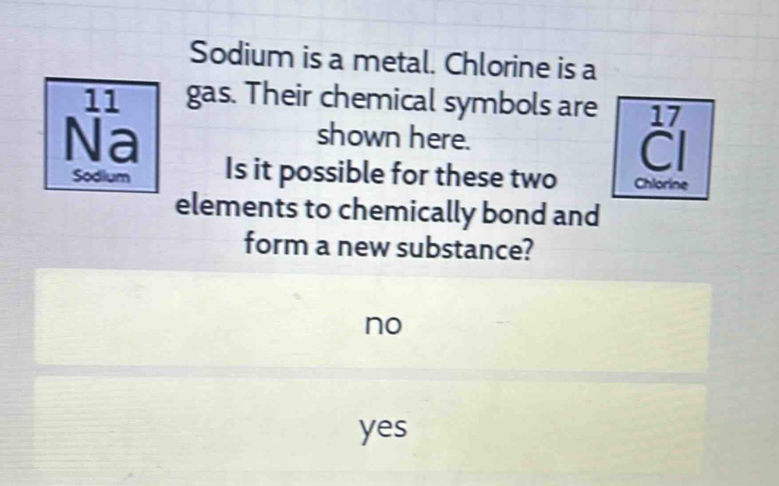 sodium is a metal. chlorine is a gas. their chemical symbols are shown here. is it possible for these two elements to chemically bond and form a new substance? no yes