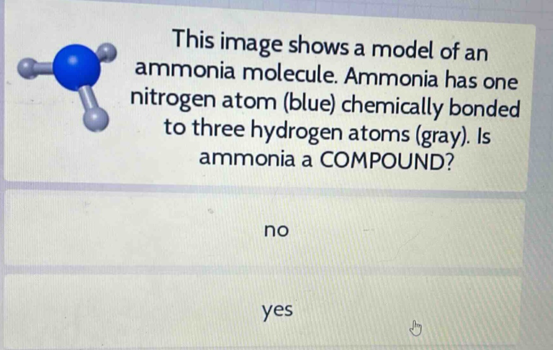 this image shows a model of an ammonia molecule. ammonia has one nitrogen atom (blue) chemically bonded to three hydrogen atoms (gray). is ammonia a compound?\nno\nyes