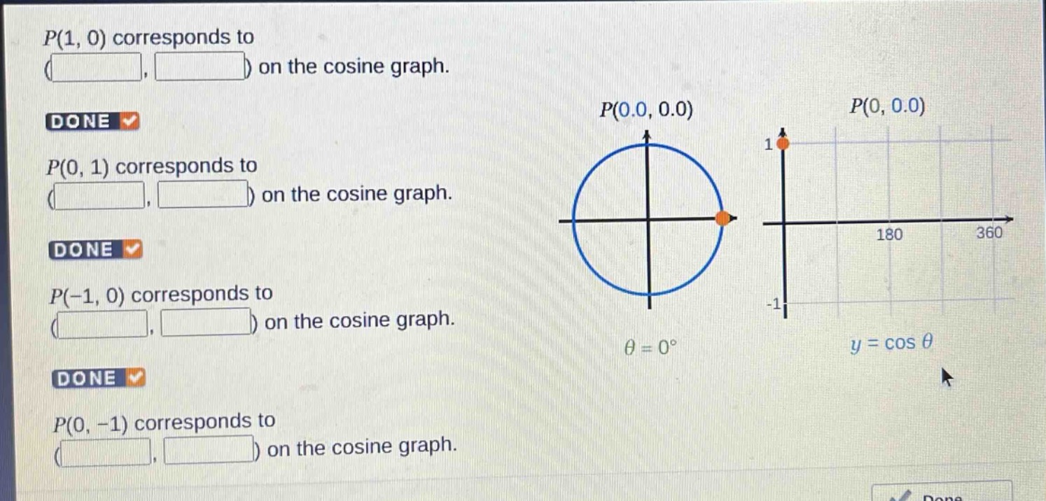 p(1, 0) corresponds to ( , ) on the cosine graph.\ndone\np(0, 1) corresponds to ( , ) on the cosine graph.\ndone\np(-1, 0) corresponds to ( , ) on the cosine graph.\ndone\np(0, -1) corresponds to ( , ) on the cosine graph.