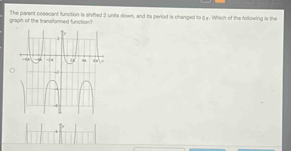 the parent cosecant function is shifted 2 units down, and its period is changed to 6π. which of the following is the graph of the transformed function?