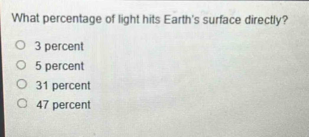 what percentage of light hits earth’s surface directly?\no 3 percent\no 5 percent\no 31 percent\no 47 percent