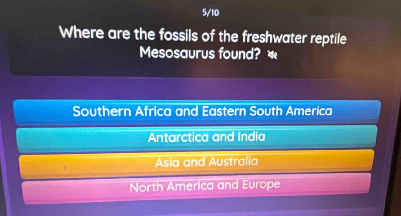 5/10 where are the fossils of the freshwater reptile mesosaurus found? southern africa and eastern south america antarctica and india asia and australia north america and europe