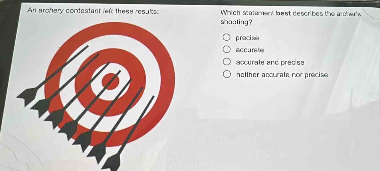 an archery contestant left these results: which statement best describes the archers shooting? precise accurate accurate and precise neither accurate nor precise