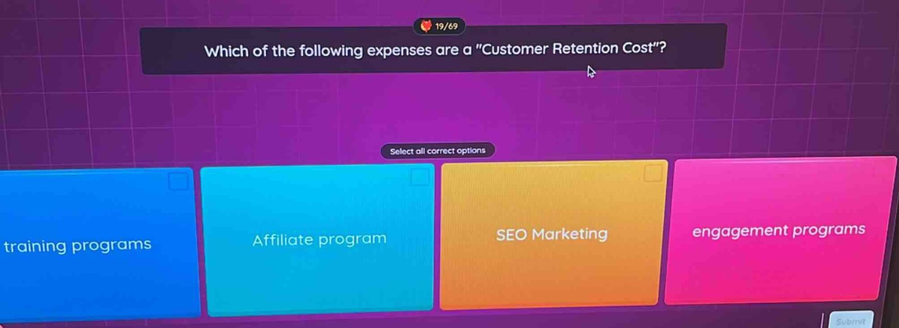 which of the following expenses are a \customer retention cost\? select all correct options training programs affiliate program seo marketing engagement programs