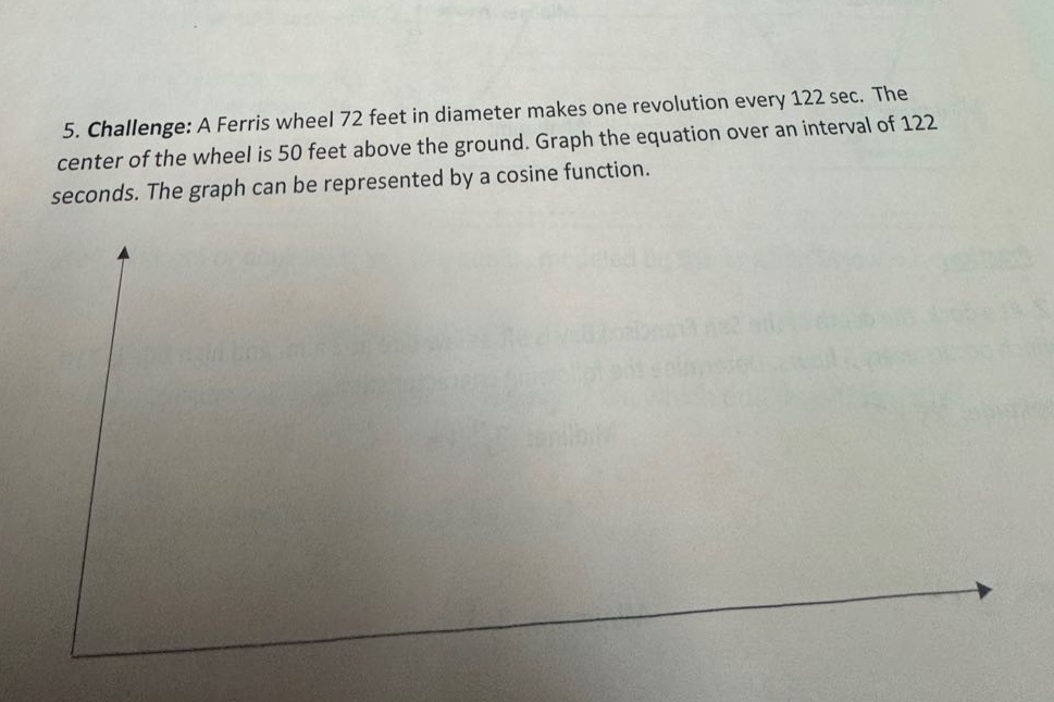 5. challenge: a ferris wheel 72 feet in diameter makes one revolution every 122 sec. the center of the wheel is 50 feet above the ground. graph the equation over an interval of 122 seconds. the graph can be represented by a cosine function.
