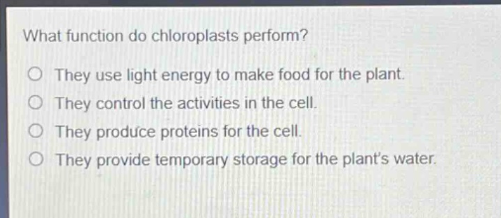 what function do chloroplasts perform?\no they use light energy to make food for the plant.\no they control the activities in the cell.\no they produce proteins for the cell.\no they provide temporary storage for the plant’s water.