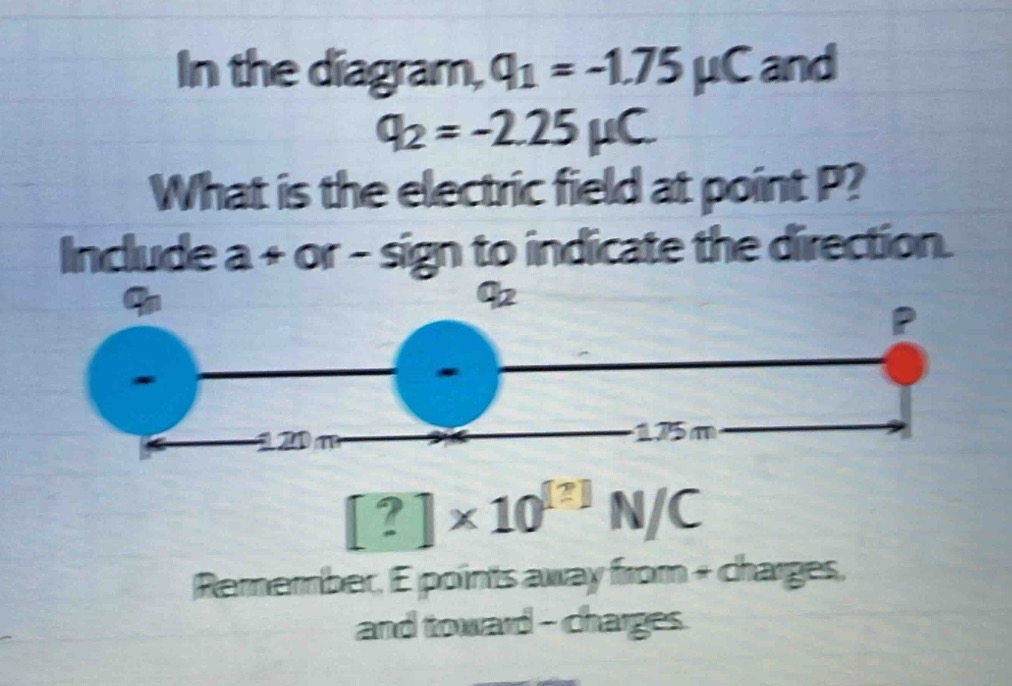 in the diagram, q1 = -1.75 μc and q2 = -2.25 μc. what is the electric field at point p? include a + or - sign to indicate the direction. remember, e points away from + charges and toward - charges.
