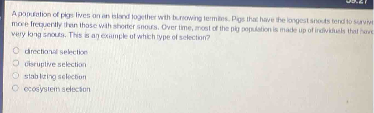 a population of pigs lives on an island together with burrowing termites. pigs that have the longest snouts tend to survive more frequently than those with shorter snouts. over time, most of the pig population is made up of individuals that have very long snouts. this is an example of which type of selection?\ndirectional selection\ndisruptive selection\nstabilizing selection\necosystem selection
