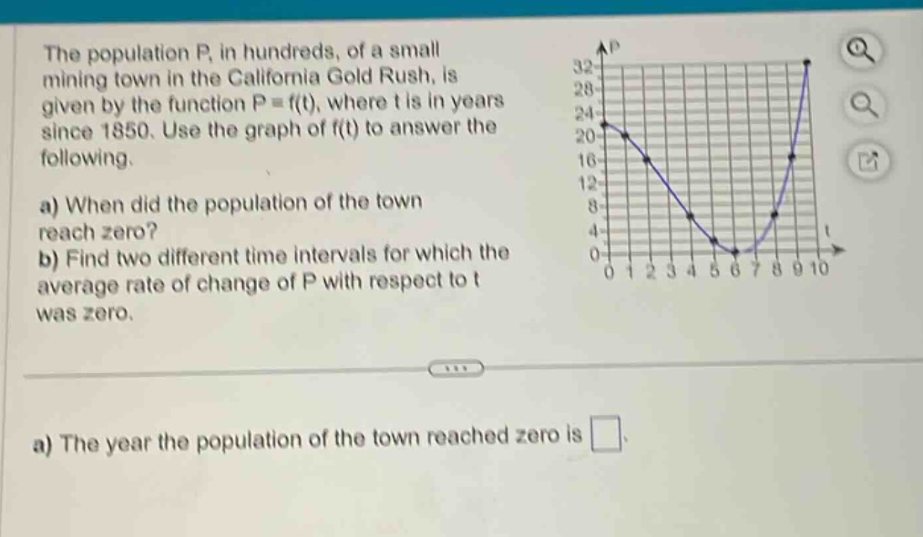 the population p, in hundreds, of a small mining town in the california gold rush, is given by the function p = f(t), where t is in years since 1850. use the graph of f(t) to answer the following.\na) when did the population of the town reach zero?\nb) find two different time intervals for which the average rate of change of p with respect to t was zero.\na) the year the population of the town reached zero is