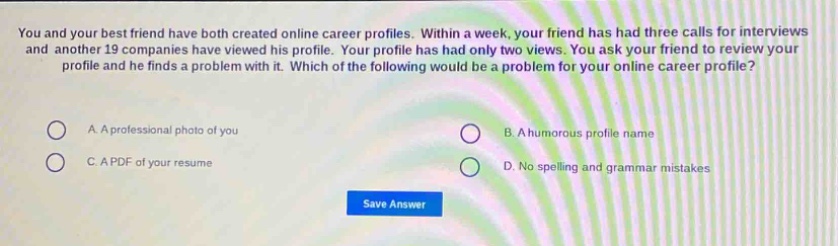 you and your best friend have both created online career profiles. within a week, your friend has had three calls for interviews and another 19 companies have viewed his profile. your profile has had only two views. you ask your friend to review your profile and he finds a problem with it. which of the following would be a problem for your online career profile?\na. a professional photo of you\nb. a humorous profile name\nc. a pdf of your resume\nd. no spelling and grammar mistakes