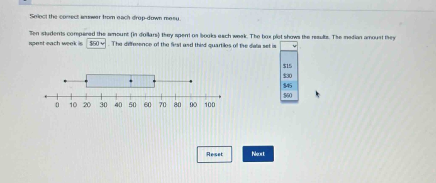 select the correct answer from each drop - down menu. ten students compared the amount (in dollars) they spent on books each week. the box plot shows the results. the median amount they spent each week is $50. the difference of the first and third quartiles of the data set is