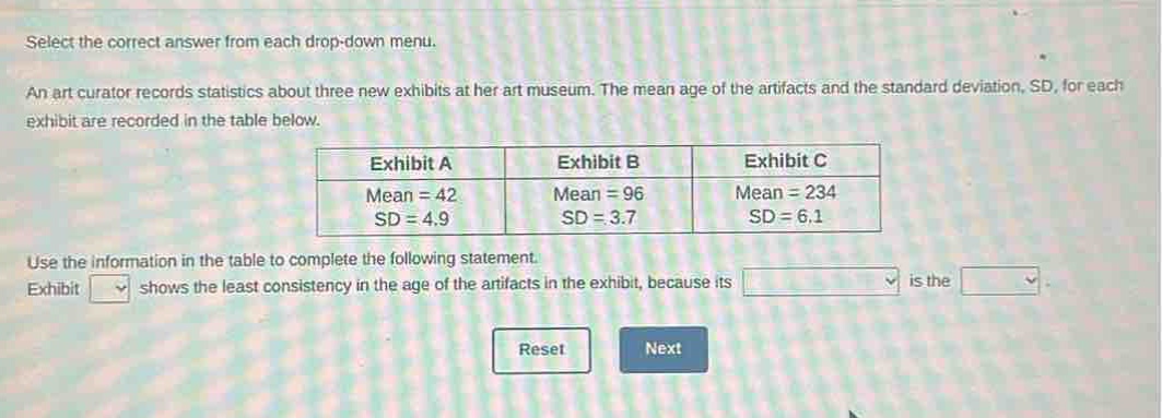 select the correct answer from each drop - down menu. an art curator records statistics about three new exhibits at her art museum. the mean age of the artifacts and the standard deviation, sd, for each exhibit are recorded in the table below.\n|exhibit a|exhibit b|exhibit c|\n|----|----|----|\n|mean = 42\nsd = 4.9|mean = 96\nsd = 3.7|mean = 234\nsd = 6.1|\nuse the information in the table to complete the following statement. exhibit shows the least consistency in the age of the artifacts in the exhibit, because its is the