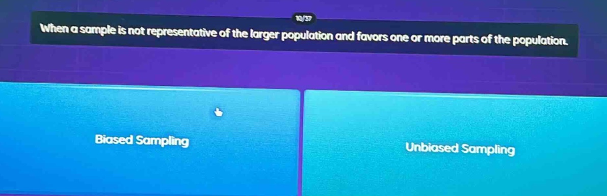 when a sample is not representative of the larger population and favors one or more parts of the population. biased sampling unbiased sampling
