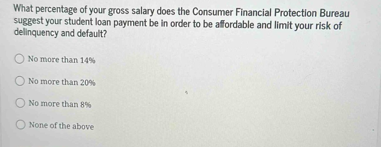 what percentage of your gross salary does the consumer financial protection bureau suggest your student loan payment be in order to be affordable and limit your risk of delinquency and default?\nno more than 14%\nno more than 20%\nno more than 8%\nnone of the above