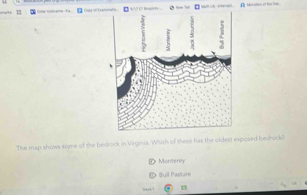the map shows some of the bedrock in virginia. which of these has the oldest exposed bedrock? monterey bull pasture