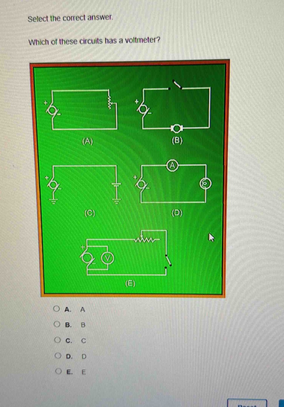 select the correct answer. which of these circuits has a voltmeter?