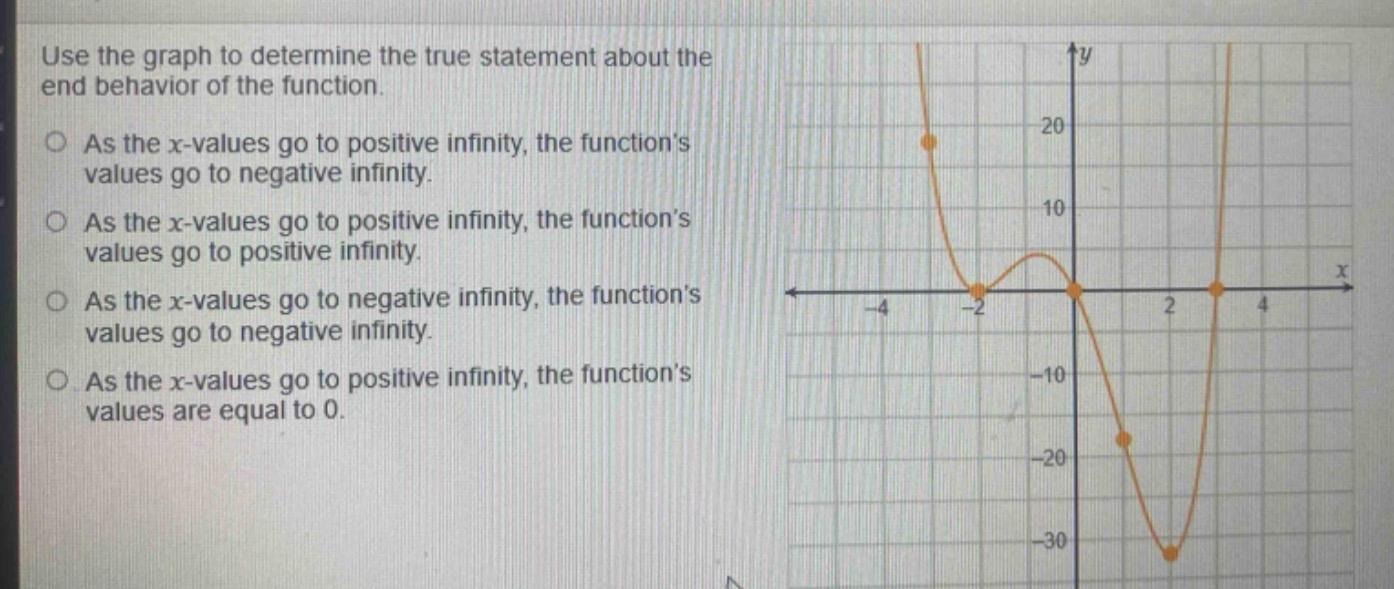 use the graph to determine the true statement about the end - behavior of the function.\nas the x - values go to positive infinity, the functions values go to negative infinity.\nas the x - values go to positive infinity, the functions values go to positive infinity.\nas the x - values go to negative infinity, the functions values go to negative infinity.\nas the x - values go to positive infinity, the functions values are equal to 0.