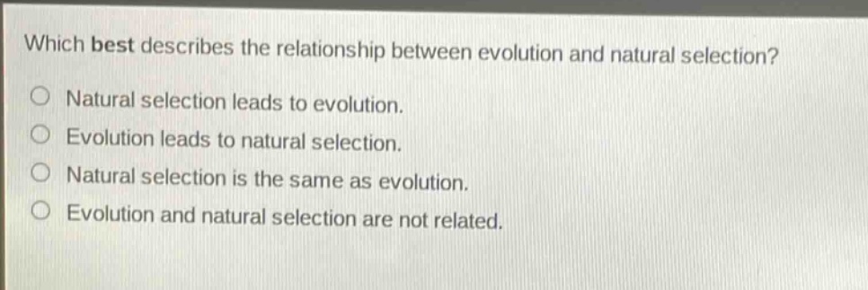 which best describes the relationship between evolution and natural selection?\no natural selection leads to evolution.\no evolution leads to natural selection.\no natural selection is the same as evolution.\no evolution and natural selection are not related.