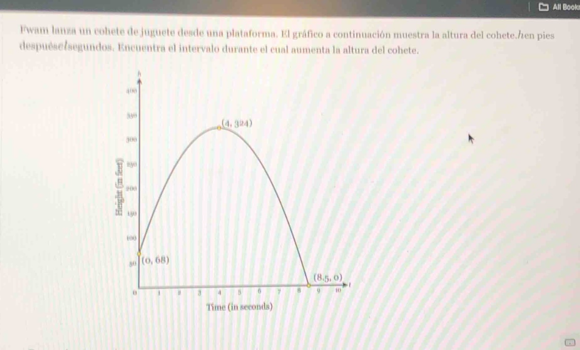 evam lanza un cohete de juguete desde una plataforma. el gráfico a continuación muestra la altura del cohete, h en pies después de t segundos. encuentra el intervalo durante el cual aumenta la altura del cohete.
