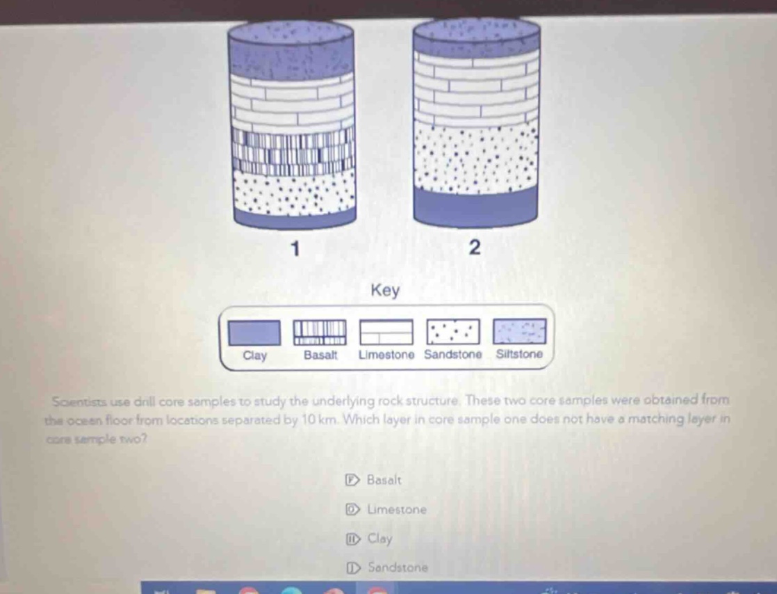 scientists use drill core samples to study the underlying rock structure. these two core samples were obtained from the ocean floor from locations separated by 10 km. which layer in core sample one does not have a matching layer in core sample two? \nf basalt\ng limestone\nh clay\ni sandstone