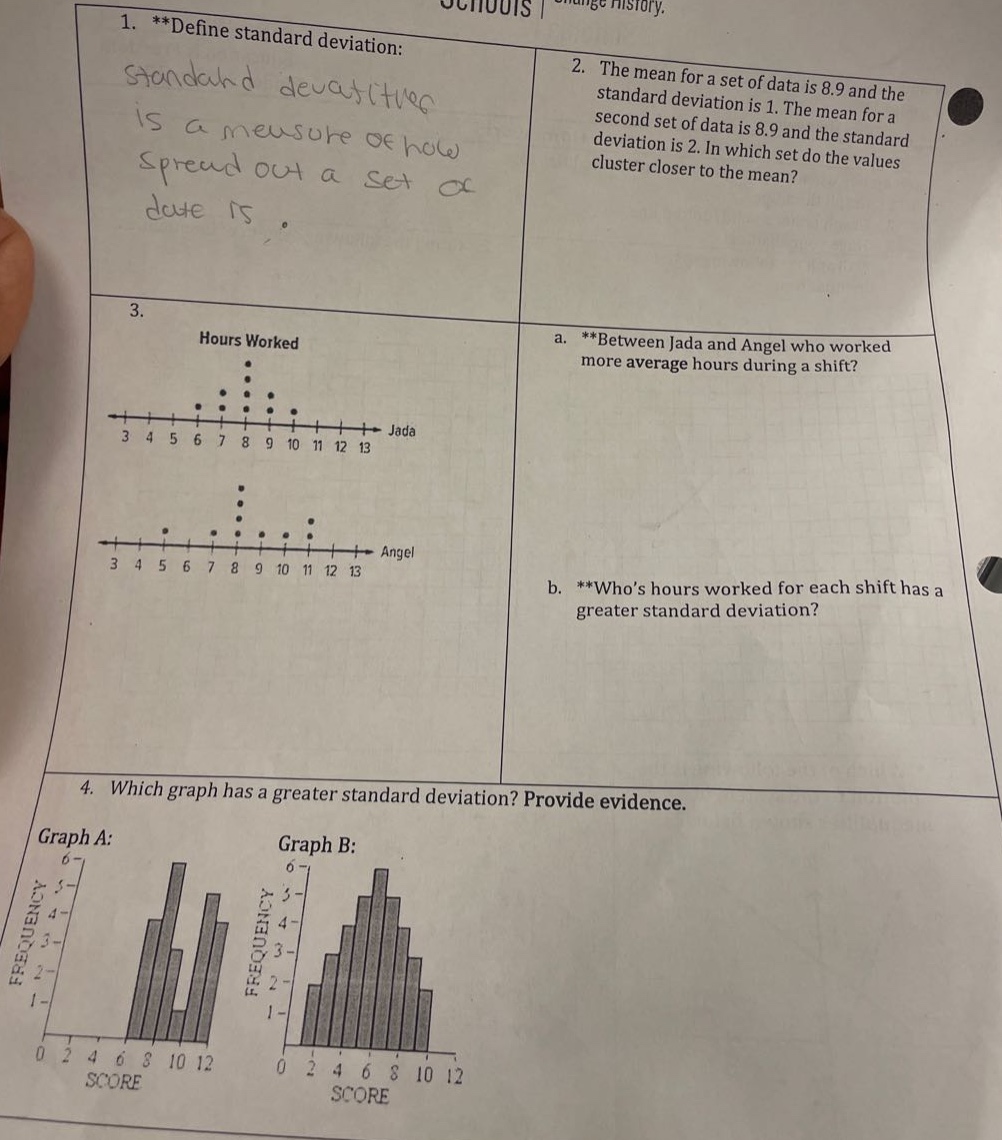 1. **define standard deviation:\nstandard deviation is a measure of how spread out a set of data is.\n2. the mean for a set of data is 8.9 and the standard deviation is 1. the mean for a second set of data is 8.9 and the standard deviation is 2. in which set do the values cluster closer to the mean?\n3.\nhours worked\njada\n3 4 5 6 7 8 9 10 11 12 13\nangel\n3 4 5 6 7 8 9 10 11 12 13\na. **between jada and angel who worked more average hours during a shift?\nb. **whos hours worked for each shift has a greater standard deviation?\n4. which graph has a greater standard deviation? provide evidence.\ngraph a:\nfrequency\n6-\n5-\n4-\n3-\n2-\n1-\n0 2 4 6 8 10 12\nscore\ngraph b:\nfrequency\n6-\n5-\n4-\n3-\n2-\n1-\n0 2 4 6 8 10 12\nscore