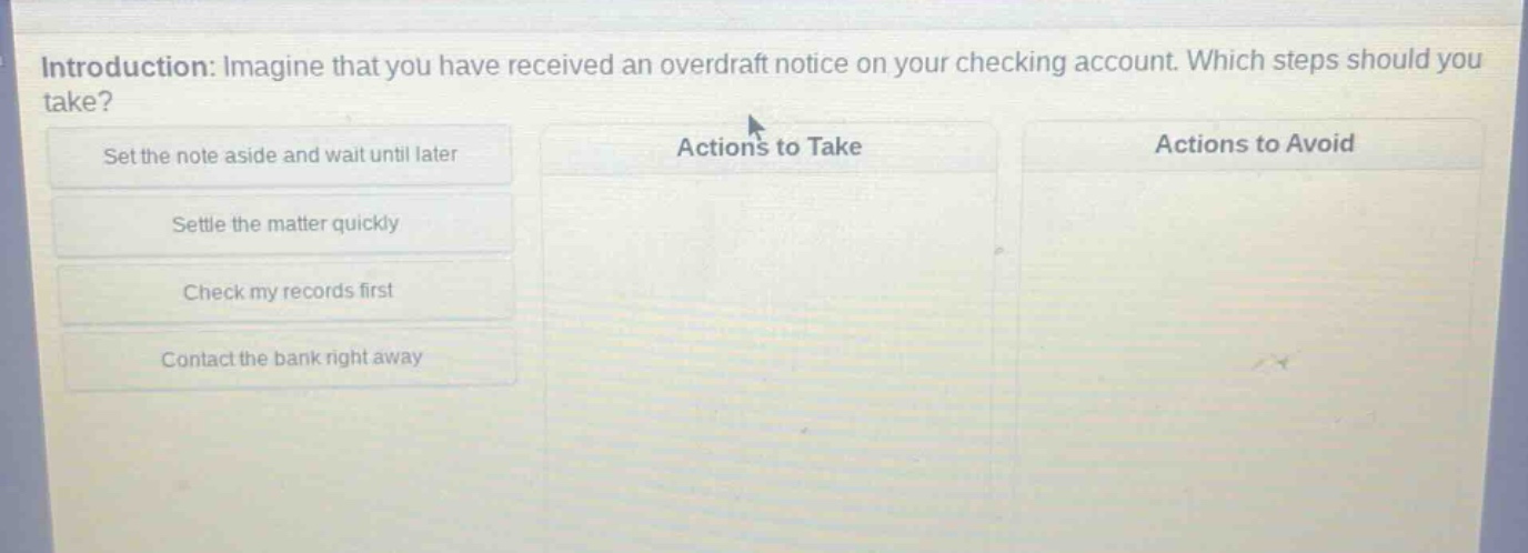 introduction: imagine that you have received an overdraft notice on your checking account. which steps should you take? set the note aside and wait until later settle the matter quickly check my records first contact the bank right away actions to take actions to avoid
