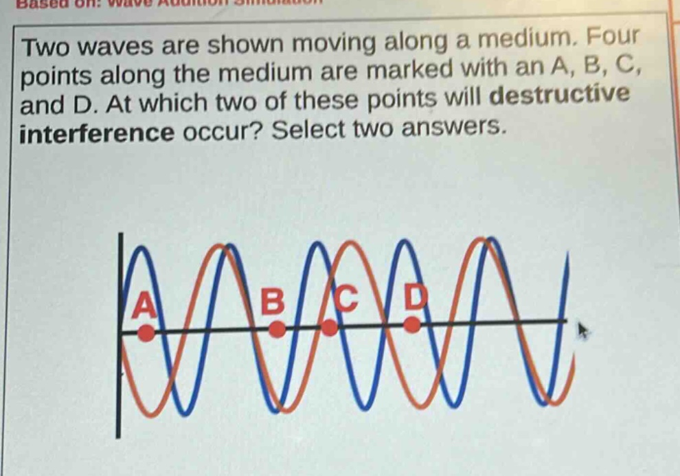 two waves are shown moving along a medium. four points along the medium are marked with an a, b, c, and d. at which two of these points will destructive interference occur? select two answers.