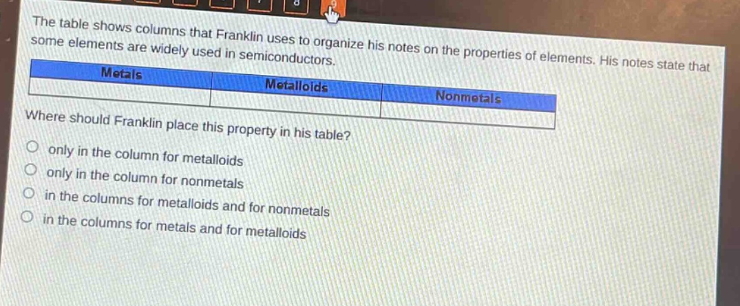 the table shows columns that franklin uses to organize his notes on the properties of elements. his notes state that some elements are widely used in semiconductors. metals metalloids nonmetals where should franklin place this property in his table? only in the column for metalloids only in the column for nonmetals in the columns for metalloids and for nonmetals in the columns for metals and for metalloids
