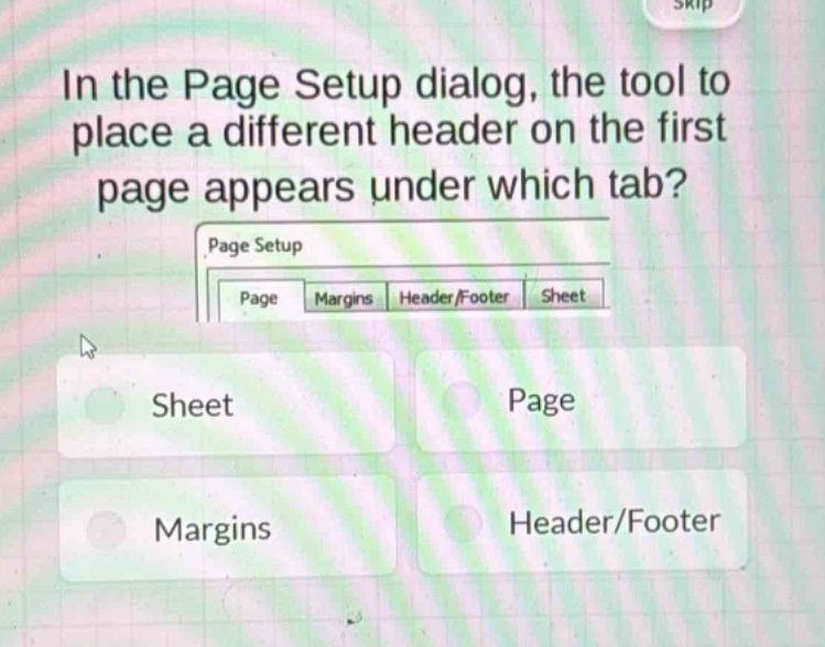 in the page setup dialog, the tool to place a different header on the first page appears under which tab?\npage setup\npage margins header/footer sheet\nsheet\npage\nmargins\nheader/footer