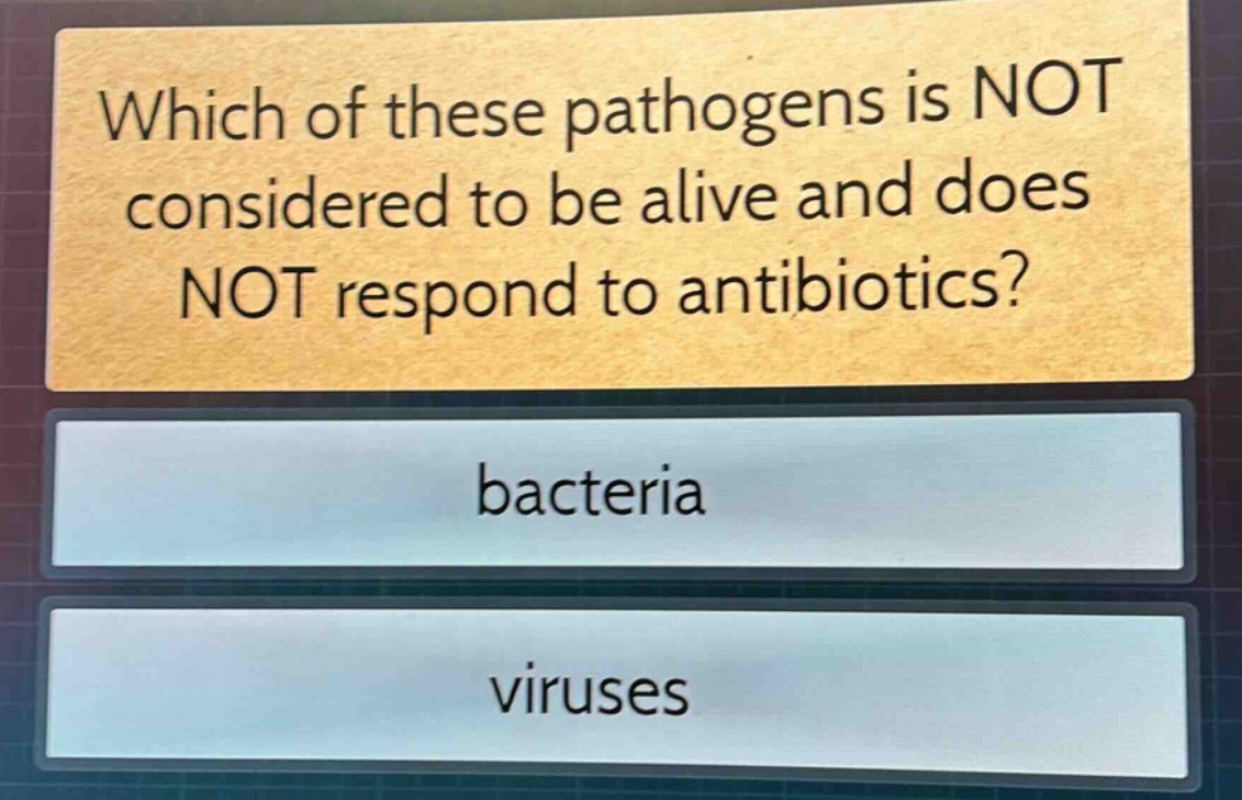 which of these pathogens is not considered to be alive and does not respond to antibiotics?\nbacteria\nviruses