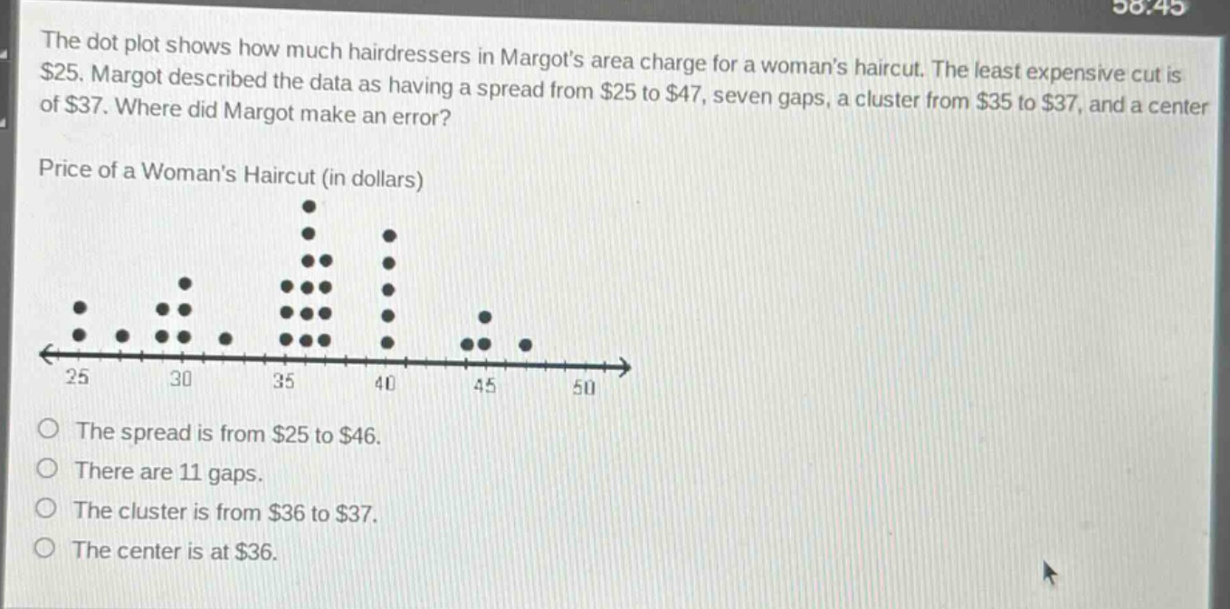 the dot plot shows how much hairdressers in margots area charge for a womans haircut. the least expensive cut is $25. margot described the data as having a spread from $25 to $47, seven gaps, a cluster from $35 to $37, and a center of $37. where did margot make an error?\nprice of a womans haircut (in dollars)\n\nthe spread is from $25 to $46.\nthere are 11 gaps.\nthe cluster is from $36 to $37.\nthe center is at $36.