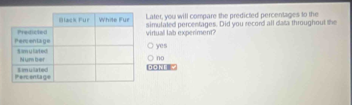 later, you will compare the predicted percentages to the simulated percentages. did you record all data throughout the virtual lab experiment? yes no done