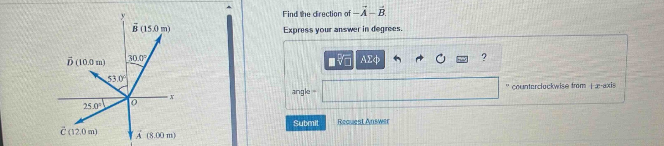 find the direction of $-vec{a}-vec{b}$. express your answer in degrees. angle = ° counterclockwise from +x - axis
