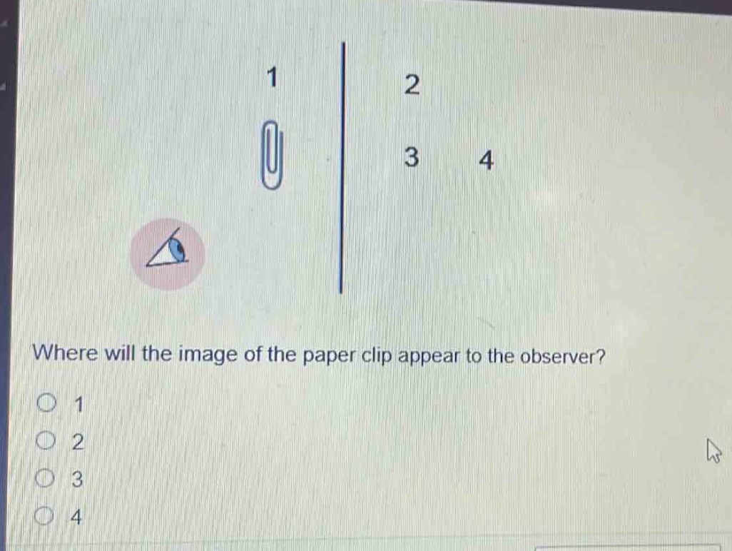 where will the image of the paper clip appear to the observer?\n1\n2\n3\n4
