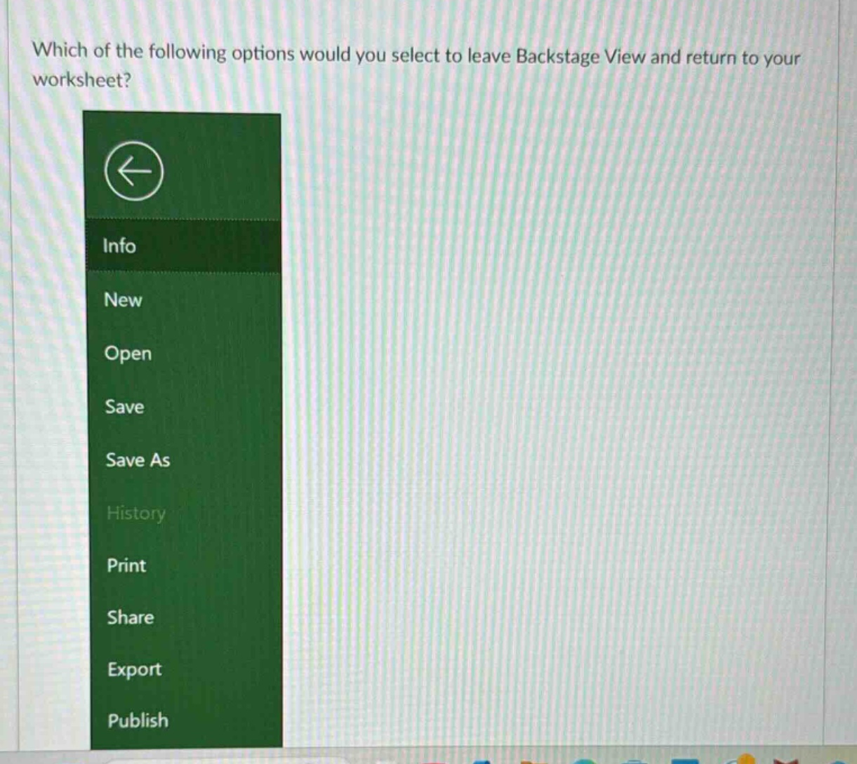 which of the following options would you select to leave backstage view and return to your worksheet?\ninfo\nnew\nopen\nsave\nsave as\nhistory\nprint\nshare\nexport\npublish