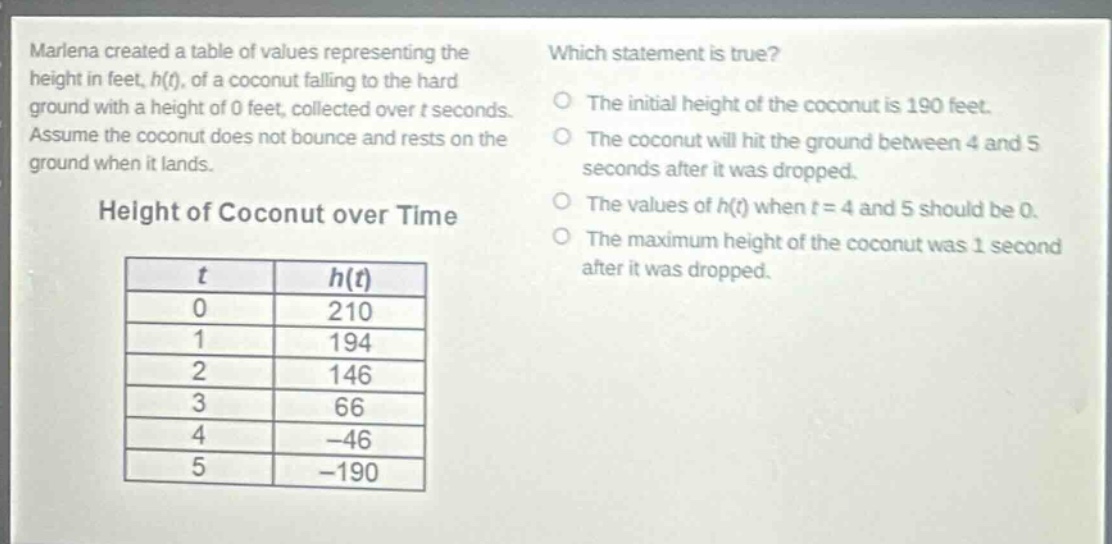 marlena created a table of values representing the height in feet, h(t), of a coconut falling to the hard ground with a height of 0 feet, collected over t seconds. assume the coconut does not bounce and rests on the ground when it lands. height of coconut over time which statement is true? the initial height of the coconut is 190 feet. the coconut will hit the ground between 4 and 5 seconds after it was dropped. the values of h(t) when t = 4 and 5 should be 0. the maximum height of the coconut was 1 second after it was dropped.\n|t|h(t)|\n|0|210|\n|1|194|\n|2|146|\n|3|66|\n|4|-46|\n|5|-190|