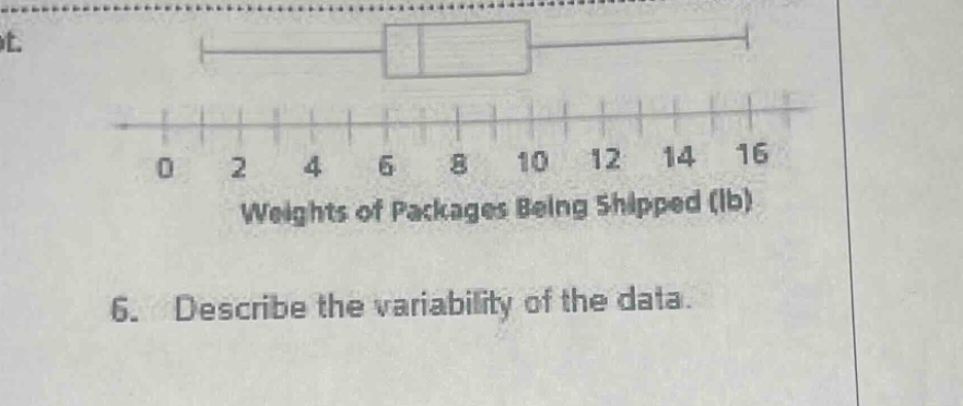 weights of packages being shipped (lb)\n6. describe the variability of the data.