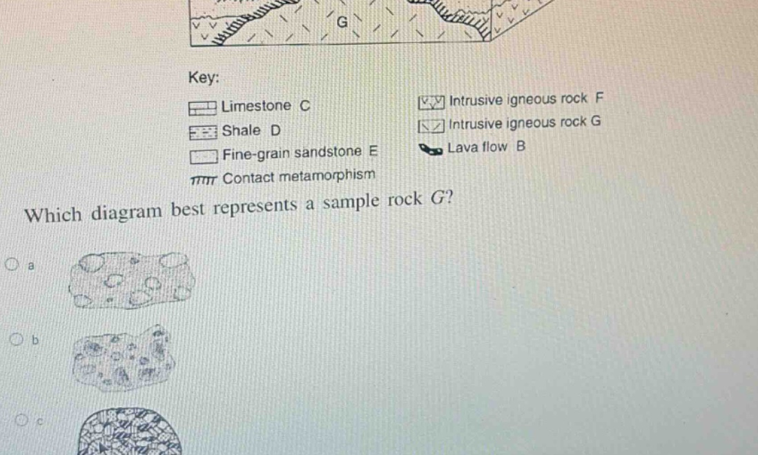 key: \nlimestone c \nshale d \nfine - grain sandstone e \ncontact metamorphism \nintrusive igneous rock f \nintrusive igneous rock g \nlava flow b \nwhich diagram best represents a sample rock g?