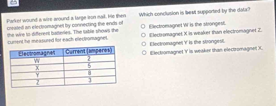 parker wound a wire around a large iron nail. he then created an electromagnet by connecting the ends of the wire to different batteries. the table shows the current he measured for each electromagnet. which conclusion is best supported by the data? electromagnet w is the strongest. electromagnet x is weaker than electromagnet z. electromagnet y is the strongest. electromagnet y is weaker than electromagnet x.\n| electromagnet | current (amperes) |\n| ---- | ---- |\n| w | 2 |\n| x | 5 |\n| y | 8 |\n| z | 3 |