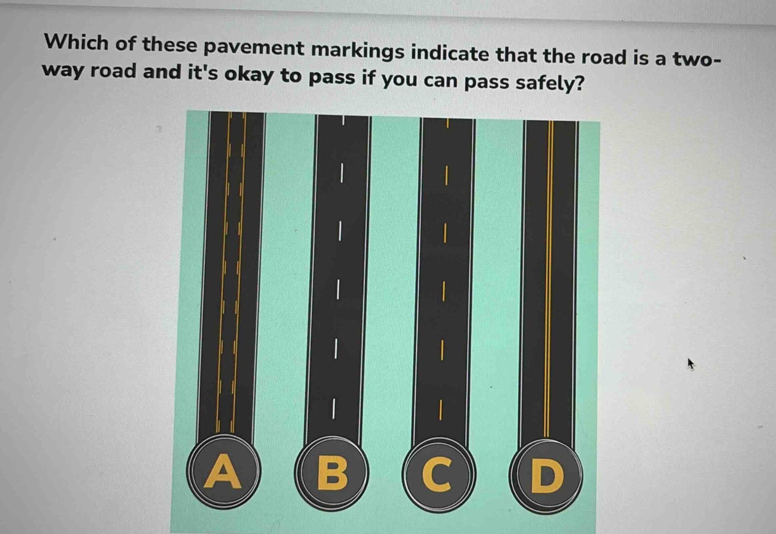 which of these pavement markings indicate that the road is a two - way road and its okay to pass if you can pass safely?